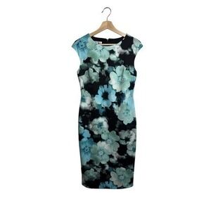 Maggie London Sheath Dress Blue Floral Knee Length Size 6